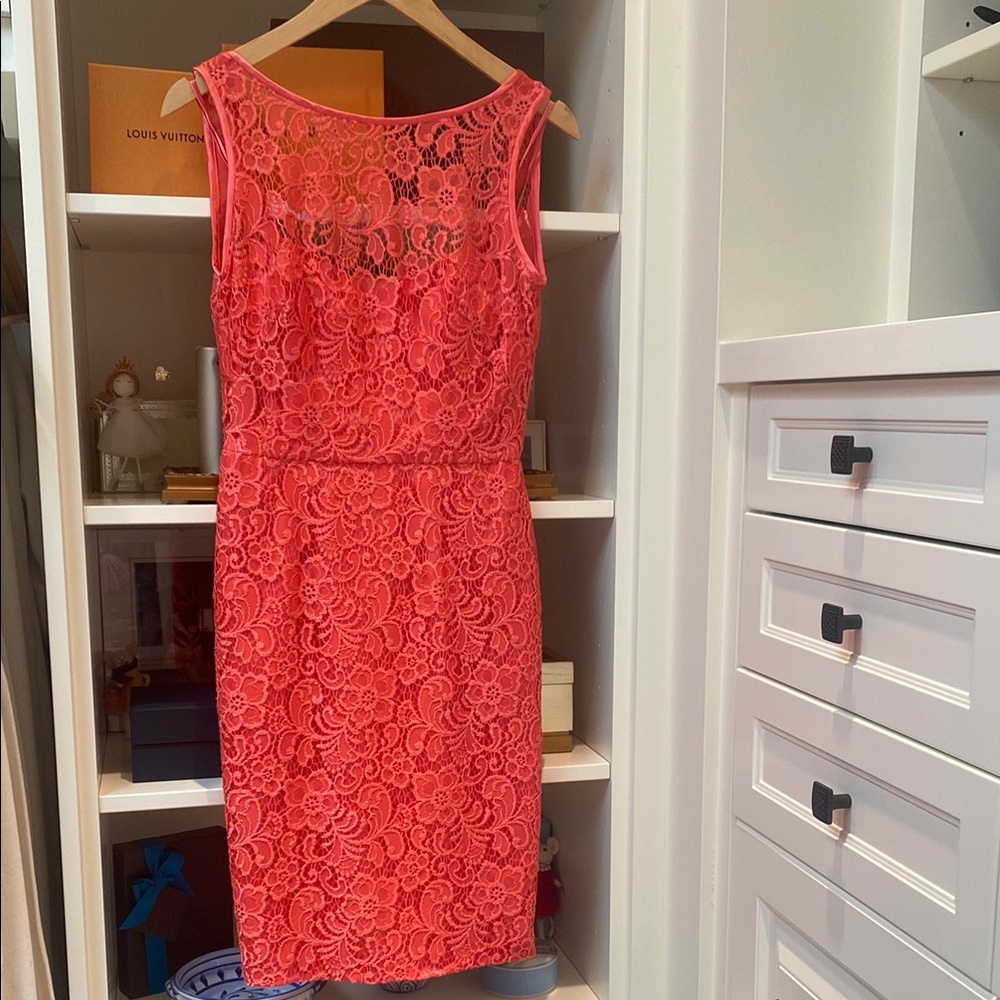 THEIA - Coral Lace Midi Dress with Satin Trim & Lining.  Size 2.  NWOT